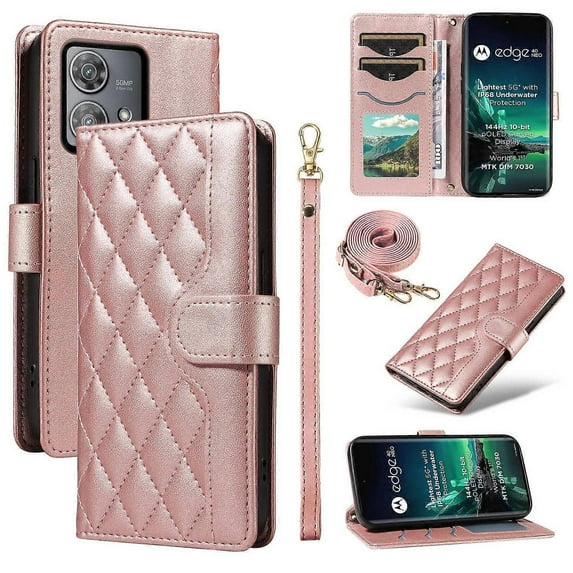 Phone Case Wallet Rhombus Leather Phone Cover with Shoulder Strap, Wrist Strap