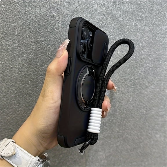 Phone Case - Wireless Charging Phone Case with a Sliding Window Ring Holder And Short Strap, Suitable for Iphone 17, Air 16, 15, 14, 13, 12, And 11 Pro Max Plus, Featuring a Soft Silicone Back Cover