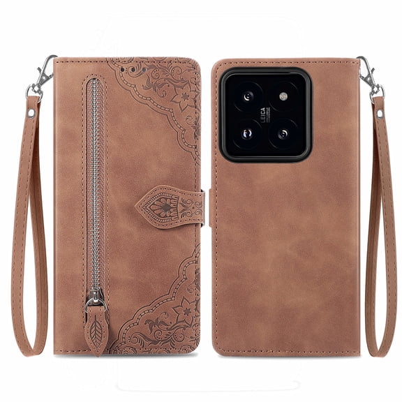 Phone Case for Xiaomi 14 Pro, Shockproof PU Leather Wallet Case with Card Slots Anti-Scratch Stand Magnetic Flip Zipper Pocket Cover for Xiaomi 14 Pro, Brown