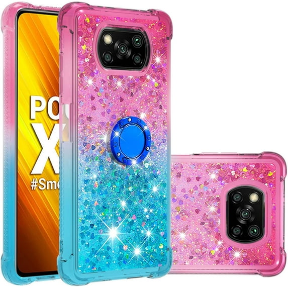 Phone Case for Xiaomi Poco X3 NFC, Case for Xiaomi Poco X3 Pro, Shiny Bling Quicksand Effect TPU Bumper Case with Four Corners Protection Cover for Xiaomi Poco X3 NFC/X3 Pro, Pink Blue
