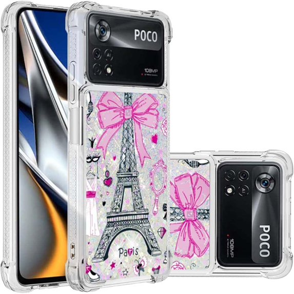 Phone Case for Xiaomi Poco X4 Pro 5G,Crystal Bling Quicksand Effect TPU Bumper Case with Four Corners Drop Protection Cover for Xiaomi Poco X4 Pro 5G,YBDT Iron Tower