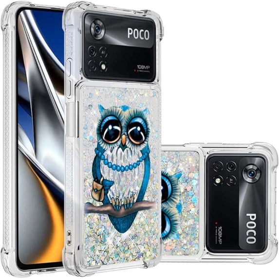 Phone Case for Xiaomi Poco X4 Pro 5G,Crystal Bling Quicksand Effect TPU Bumper Case with Four Corners Drop Protection Cover for Xiaomi Poco X4 Pro 5G,YBDT Owl