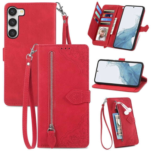 Phone Case for Xiaomi Redmi 13 4G, Shockproof PU Leather Wallet Case with Card Slots Anti-Scratch Stand Magnetic Flip Zipper Pocket Cover for Xiaomi Redmi 13 4G, Red