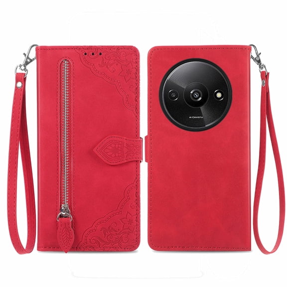 Phone Case for Xiaomi Redmi A3 4G, Shockproof PU Leather Wallet Case with Card Slots Anti-Scratch Stand Magnetic Flip Zipper Pocket Cover for Xiaomi Redmi A3 4G, Red