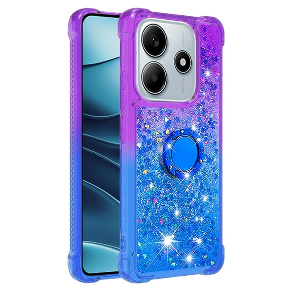 Phone Case for Xiaomi Redmi Note 14 4G 163 with Ring Kickstand, Cute Glitter Bling Sparkle Quicksand Flowing Liquid Clear Gel Silicone ShockProof Cover Girls-B4