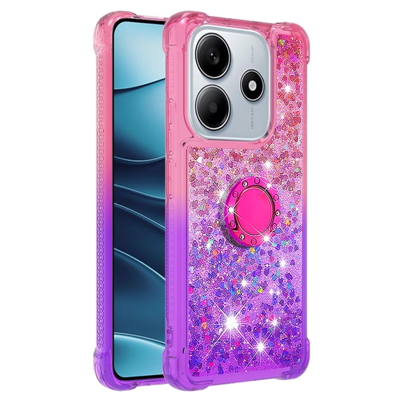Phone Case for Xiaomi Redmi Note 14 4G 163 with Ring Kickstand, Cute Glitter Bling Sparkle Quicksand Flowing Liquid Clear Gel Silicone ShockProof Cover Girls-B2