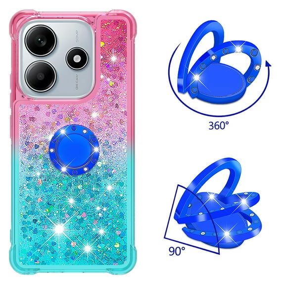 Phone Case for Xiaomi Redmi Note 14 4G 164 with Ring Kickstand, Cute Glitter Bling Sparkle Quicksand Flowing Liquid Clear Gel Silicone ShockProof Cover Girls-B3