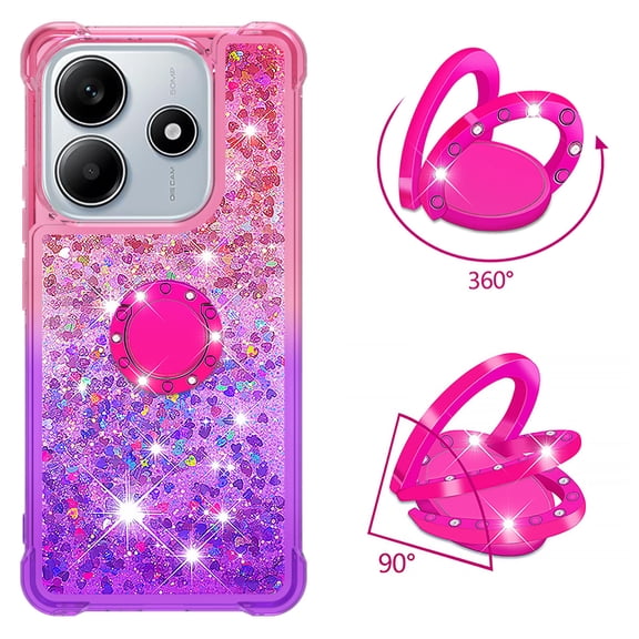 Phone Case for Xiaomi Redmi Note 14 4G 164 with Ring Kickstand, Cute Glitter Bling Sparkle Quicksand Flowing Liquid Clear Gel Silicone ShockProof Cover Girls-B2