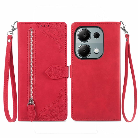 Phone Case for Xiaomi Redmi Note13 Pro 4G, Shockproof PU Leather Wallet Case with Card Slots Anti-Scratch Stand Magnetic Flip Zipper Pocket Cover for Xiaomi Redmi Note13 Pro 4G, Red