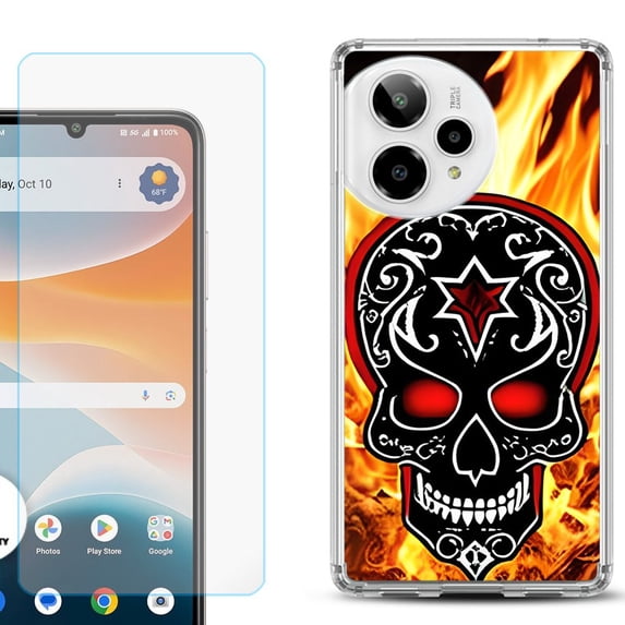 Phone Case for ATT Motivate Pro 2, with Screen Protector, by OneToughShield - Skull Flames