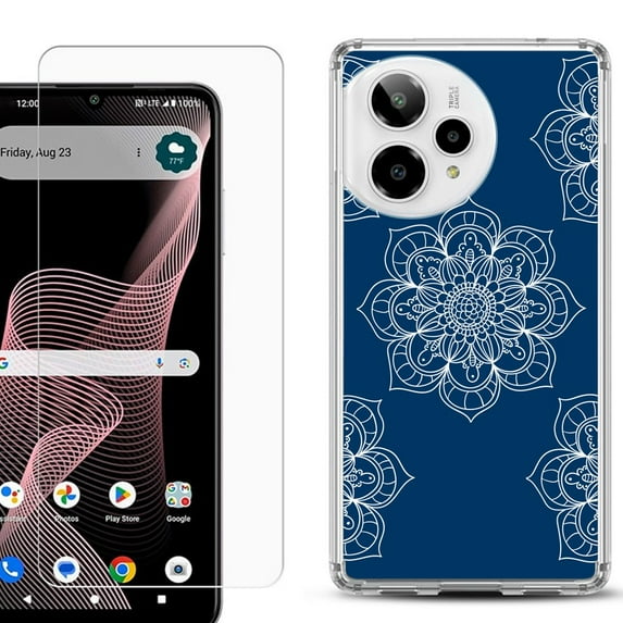 Phone Case for ATT Verge 2 5G, with Screen Protector, by OneToughShield - Mandala / Blue