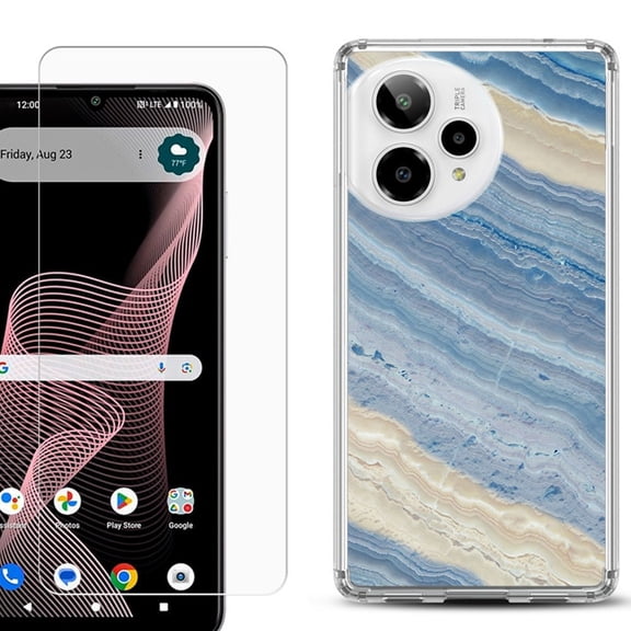 Phone Case for ATT Verge 2 5G, with Screen Protector, by OneToughShield - Marble/ Marina Blue