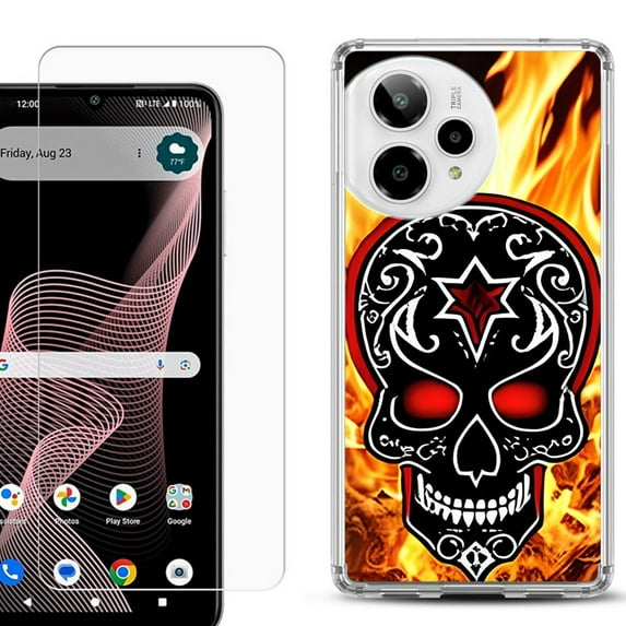 Phone Case for ATT Verge 2 5G, with Screen Protector, by OneToughShield - Skull Flames