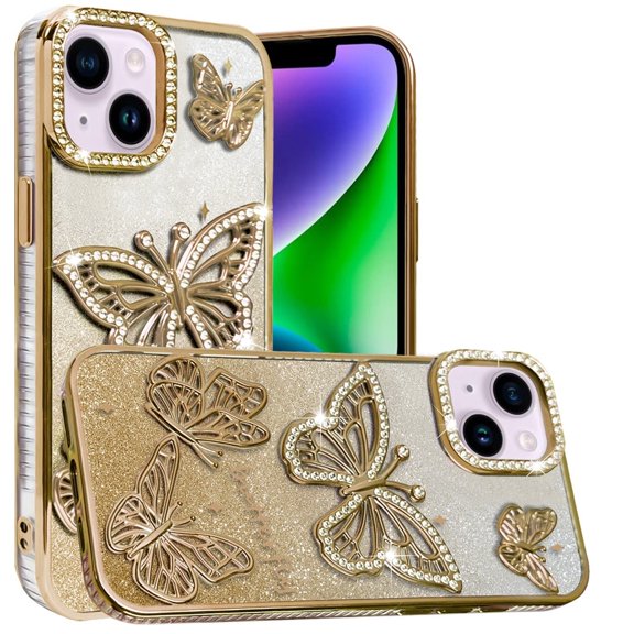 Phone Case for Apple iPhone 14 Butterfly Freedom Shimmer Glitter Thick TPU Shockproof Anti Slip Durable Protective Design Cover Gold