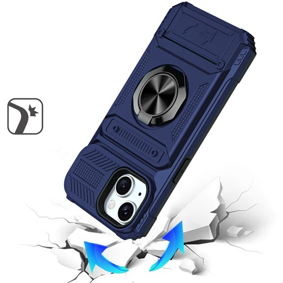 Phone Case for Apple iPhone 15 Multi Functional Card Slot Shockproof Metal Ring Hybrid Wallet Rugged Protective Grip Heavy Duty Durable Cover [Blue]