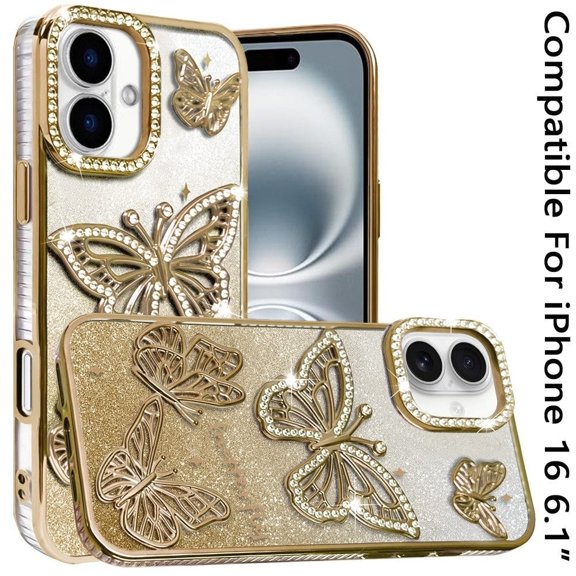 Phone Case for Apple iPhone 16 Butterfly Freedom Shimmer Glitter Thick TPU Shockproof Anti Slip Durable Protective Design Cover Gold
