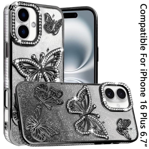 Phone Case for Apple iPhone 16 Plus Butterfly Freedom Shimmer Glitter Thick TPU Shockproof Anti Slip Durable Protective Design Cover Black
