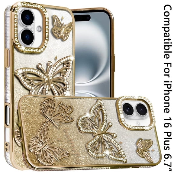 Phone Case for Apple iPhone 16 Plus Butterfly Freedom Shimmer Glitter Thick TPU Shockproof Anti Slip Durable Protective Design Cover Gold