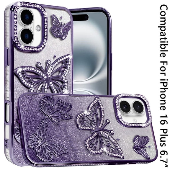 Phone Case for Apple iPhone 16 Plus Butterfly Freedom Shimmer Glitter Thick TPU Shockproof Anti Slip Durable Protective Design Cover Purple