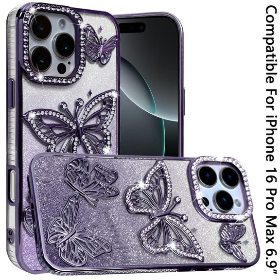 Phone Case for Apple iPhone 16 Pro Max Butterfly Freedom Shimmer Glitter Thick TPU Shockproof Anti Slip Durable Protective Design Cover Purple