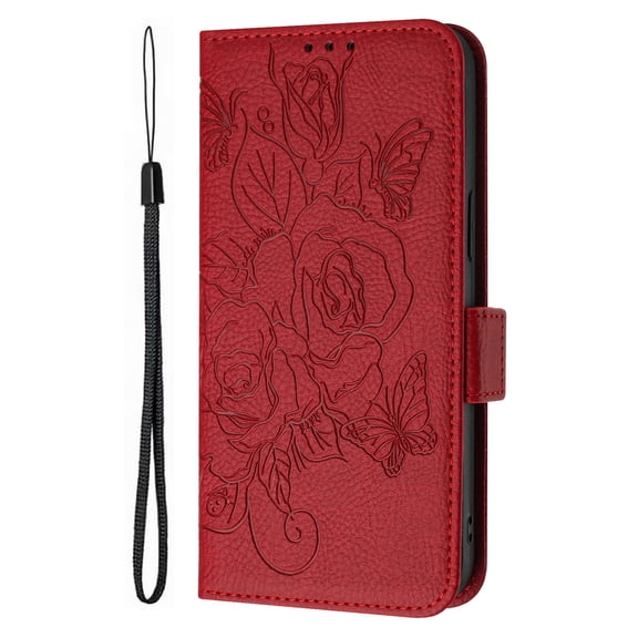 Phone Case for BLU View 5 Pro, Rose Pattern PU Leather Case with RFID Block Card Slots Stand Magnetic Flip Wallet Cover, Red