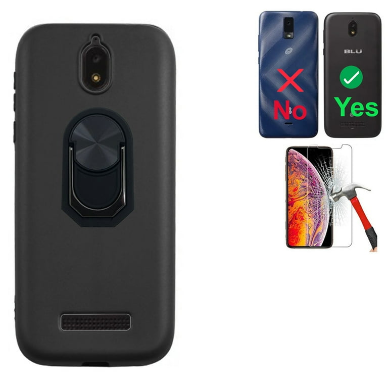 Phone Case for Blu View 2 B130DL Blu View2 Screen Protector View 2 Phone Stand Flex Gel Case Gel Black Tempered Glass 2in1 Ring