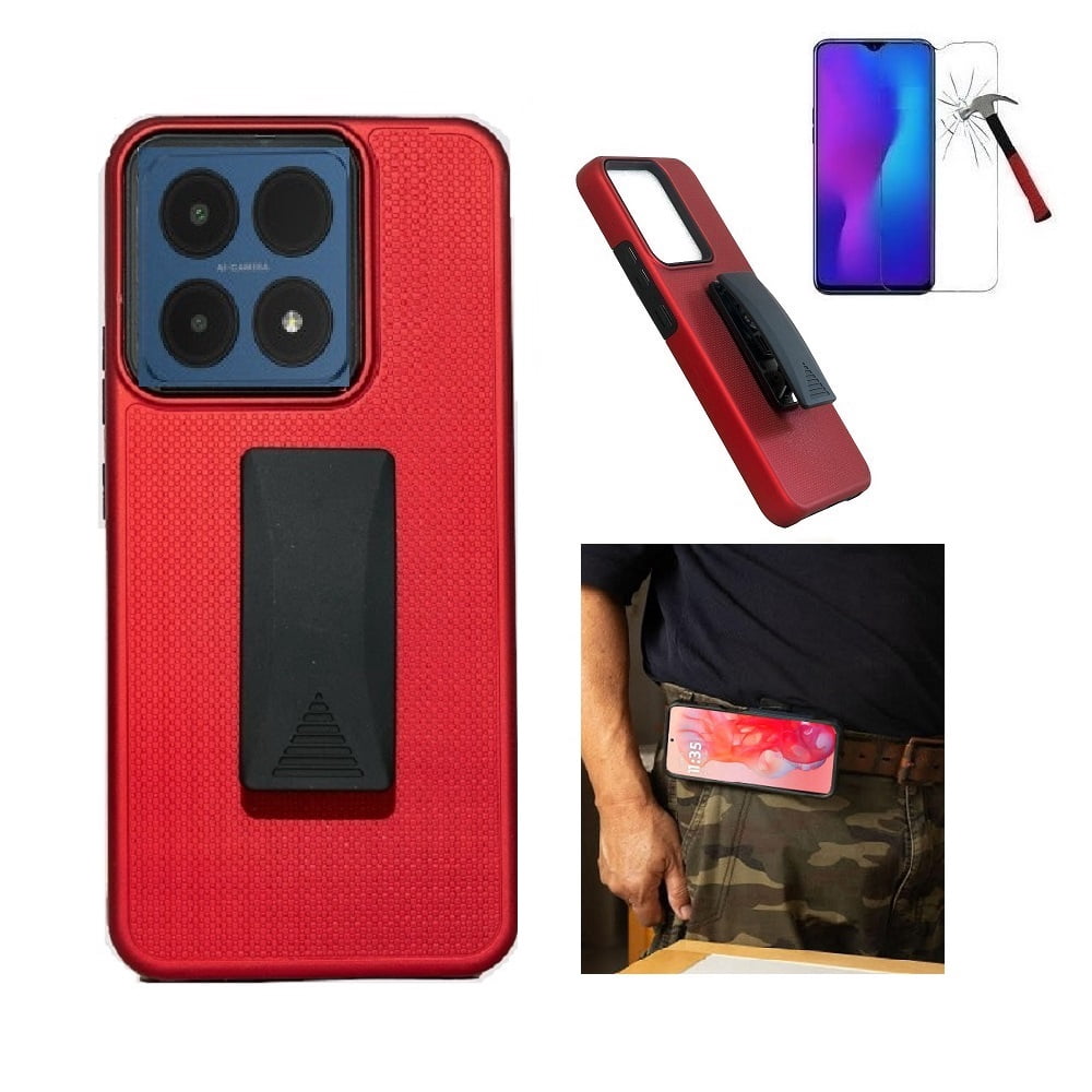 Phone Case for Boost Summit 5G, Dual Layer Shockproof 360-Degree Rotating Belt Clip Case Cover with Kickstand + Tempered Glass (Red) Phone Case for Boost Summit 5G, Dual Layer Shockproof 360-Degree Rotating Belt Clip Case Cover with Kickstand + Tempered Glass (Red)