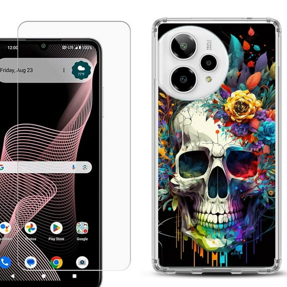 Phone Case for Cricket Icon Plus 2026, with Screen Protector, by OneToughShield - Skull Flower