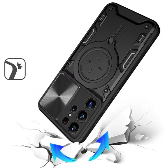 Phone Case for Galaxy S21 Ultra Magnetic Ring Stand Shockproof Hybrid Full Camera Slide Guard Anti Slip Heavy Duty Protective Armor Cover [Black]
