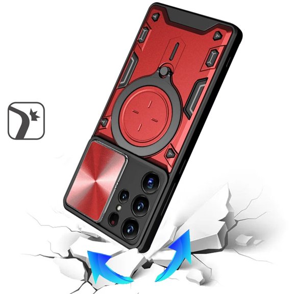 Phone Case for Galaxy S25 Ultra Magnetic Ring Stand Shockproof Hybrid Full Camera Slide Guard Anti Slip Heavy Duty Protective Armor Cover [Red]