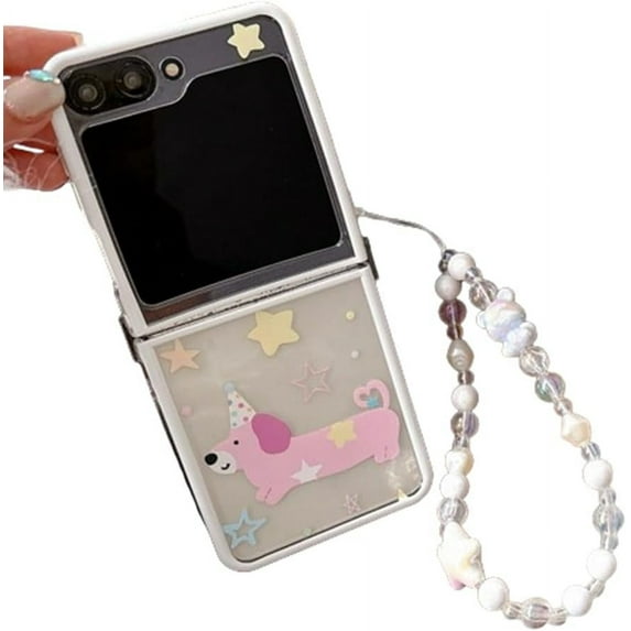 Phone Case for Galaxy Z Flip 6,Kawaii Dog Pattern Shockproof Anti-Drop Folding Phone Protective Cover,Gift for Women Girls (with Chain)