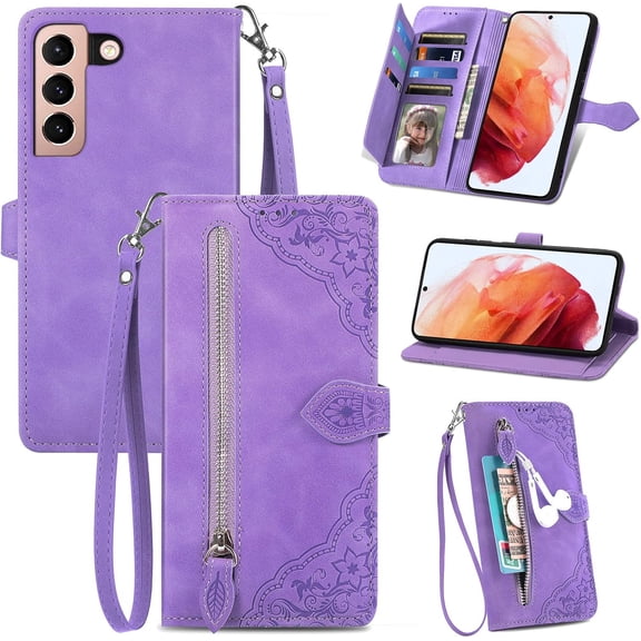 Phone Case for Google Pixel 8 Wallet Case Zipper Pocket with Card Holder Slot Magnetic Closure Lanyard Flip Cover