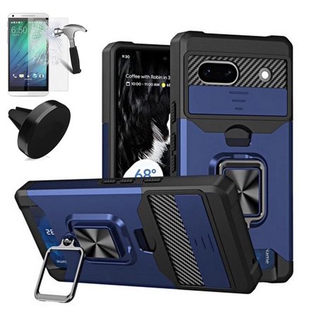 Phone Case for Google Pixel 8A with Screen Protector, Car Mount, Card slot, Camera Lines Cover (3in1 Case Blue +Tempered Glass +Car Mount)