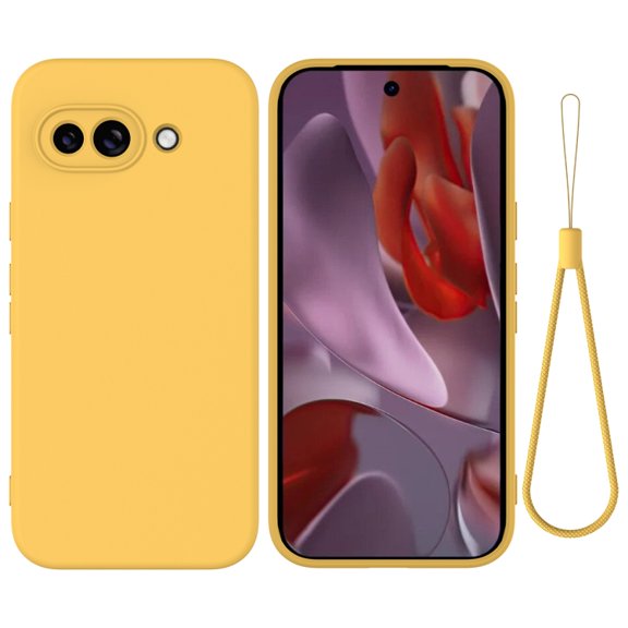 Phone Case for Google Pixel 9A, Silicone with Lanyard, Microfiber Lining, Yellow