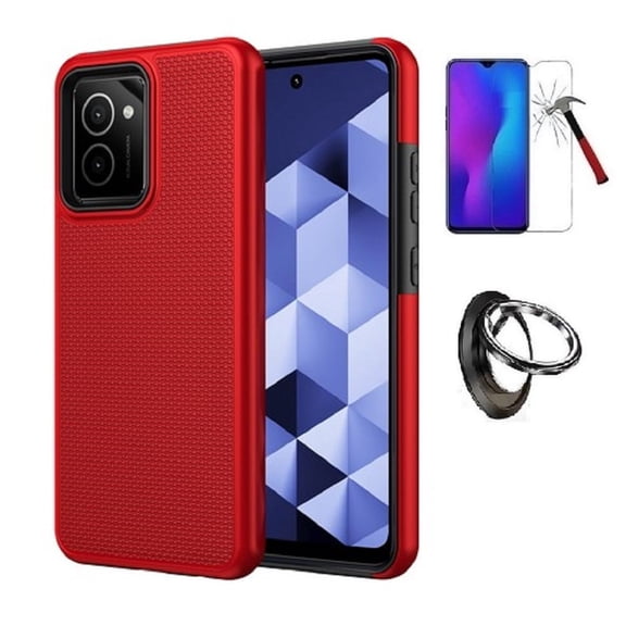 Phone Case for HMD Vibe (Straight Talk/ TracFone),  Dual Layer Cover Case + Ring/ Tempered Glass (Red)