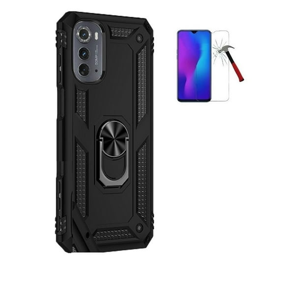 Phone Case for Motorola Moto Edge (2022), Matte Cover Ring Stand Case + Tempered Glass Screen Protector (Black)