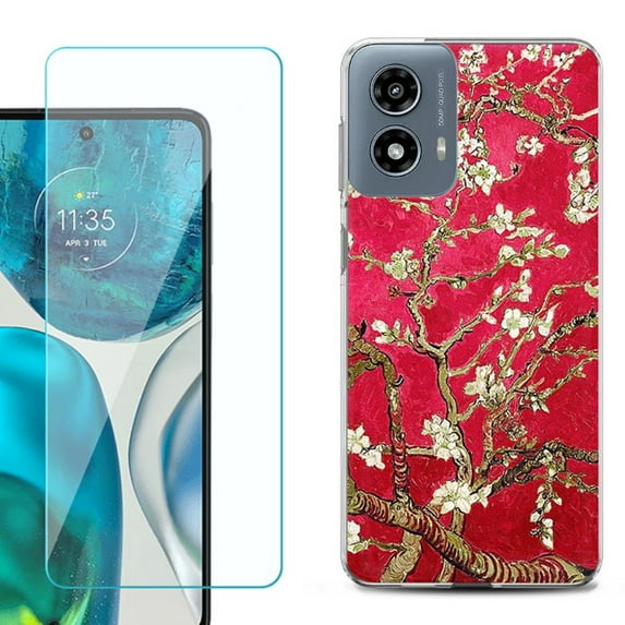 Phone Case for Motorola Moto G 5G 2024, with Tempered Glass Screen Protector, by OneToughShield - Almond Blossom Red