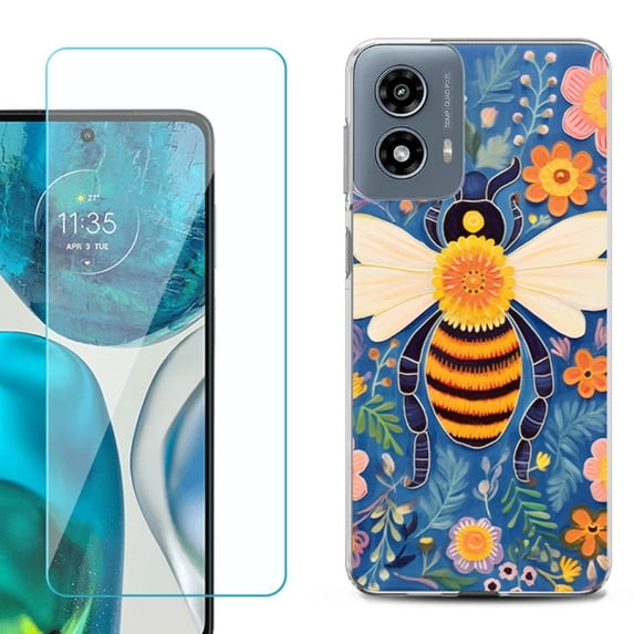 Phone Case for Motorola Moto G 5G 2024, with Tempered Glass Screen Protector, by OneToughShield - Bee Flower