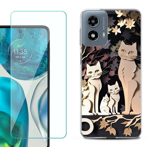 Phone Case for Motorola Moto G 5G 2024, with Tempered Glass Screen Protector, by OneToughShield - Cat Craft