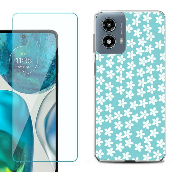 Phone Case for Motorola Moto G 5G 2024, with Tempered Glass Screen Protector, by OneToughShield - Flower/Teal