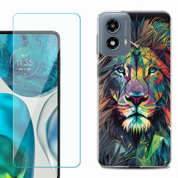 Phone Case for Motorola Moto G 5G 2024, with Tempered Glass Screen Protector, by OneToughShield - Geometric Lion