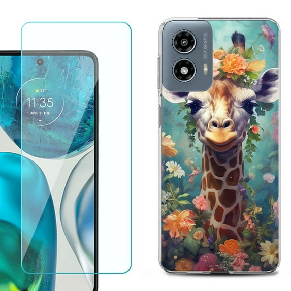 Phone Case for Motorola Moto G 5G 2024, with Tempered Glass Screen Protector, by OneToughShield - Giraffe Flower