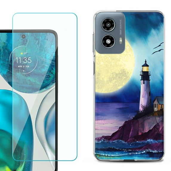 Phone Case for Motorola Moto G 5G 2024, with Tempered Glass Screen Protector, by OneToughShield - Lighthouse Moon