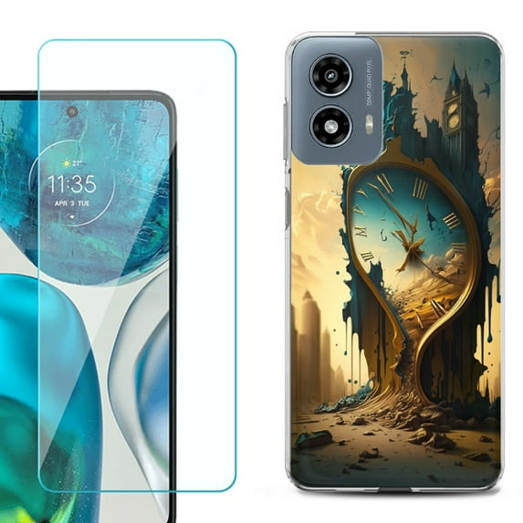 Phone Case for Motorola Moto G 5G 2024, with Tempered Glass Screen Protector, by OneToughShield - Melting Clock