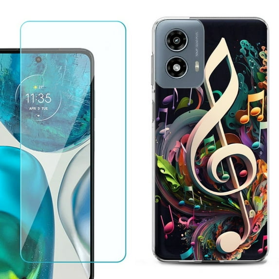 Phone Case for Motorola Moto G 5G 2024, with Tempered Glass Screen Protector, by OneToughShield - Music Notes Colorful