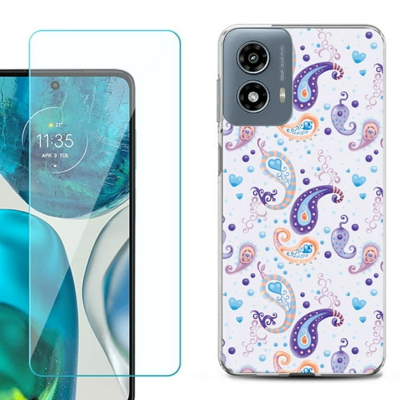 Phone Case for Motorola Moto G 5G 2024, with Tempered Glass Screen Protector, by OneToughShield - Paisley Purple