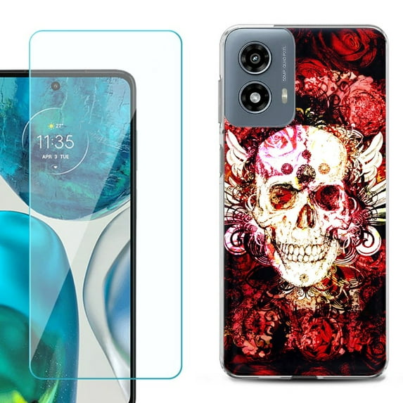 Phone Case for Motorola Moto G 5G 2024, with Tempered Glass Screen Protector, by OneToughShield - Rose Skull