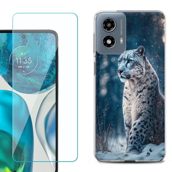 Phone Case for Motorola Moto G 5G 2024, with Tempered Glass Screen Protector, by OneToughShield - Snow Leopard