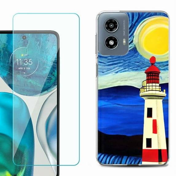 Phone Case for Motorola Moto G 5G 2024, with Tempered Glass Screen Protector, by OneToughShield - Starry Night Lighthouse