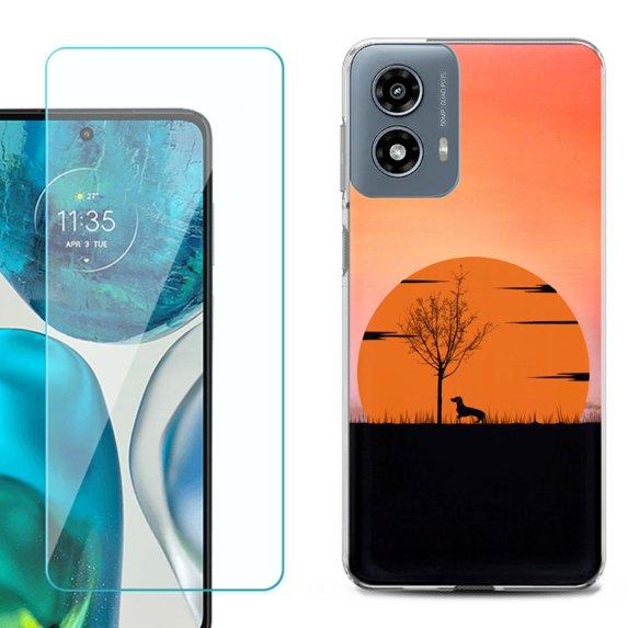 Phone Case for Motorola Moto G 5G 2024, with Tempered Glass Screen Protector, by OneToughShield - Sunset Dachshund